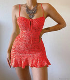 Floral Print Spaghetti Strap Low Cut Lace-up Ruffled Floral Dress