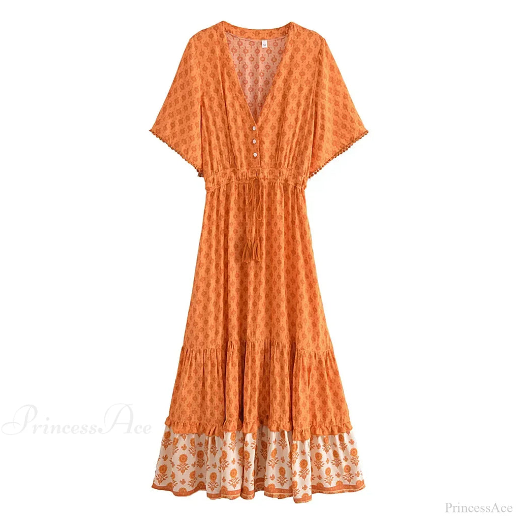 Floral Print Tassel V-neck Rayon Cotton Maxi Boho Dress