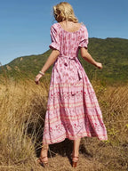 Floral Print V-neck Button Pleated Rayon Boho Dress