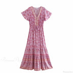 Floral Print V-neck Button Pleated Rayon Boho Dress