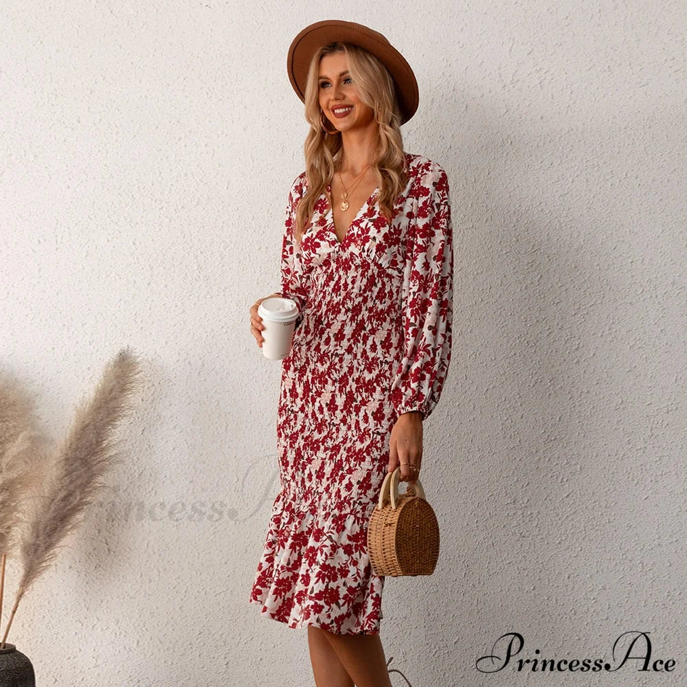 Floral Sexy Long Sleeve Bodycon Smocked Dress