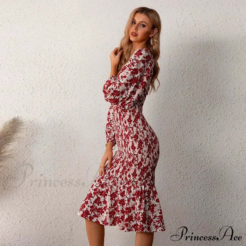 Floral Sexy Long Sleeve Bodycon Smocked Dress