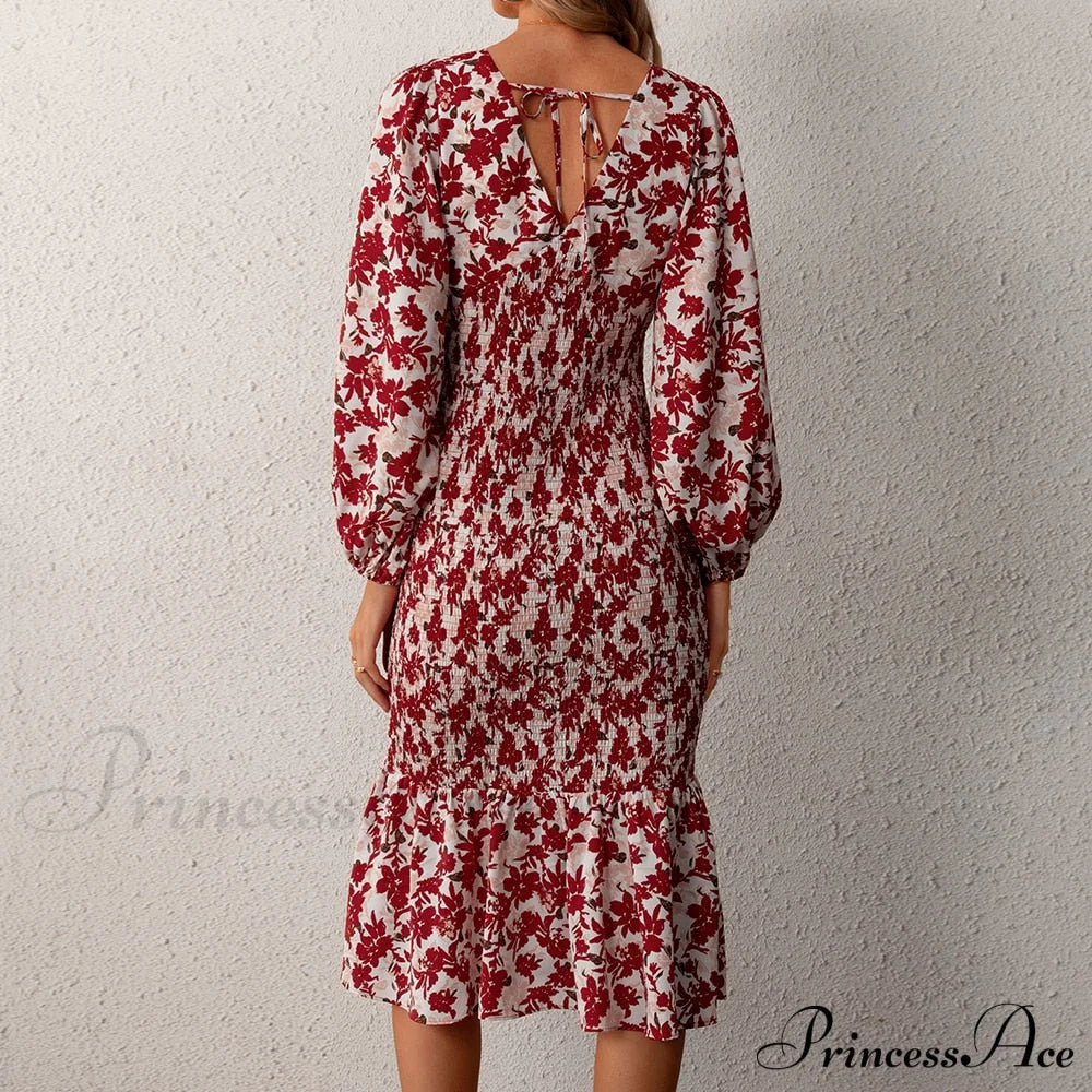 Floral Sexy Long Sleeve Bodycon Smocked Dress