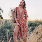 Floral Short Sleeve Sashes Boho Dress