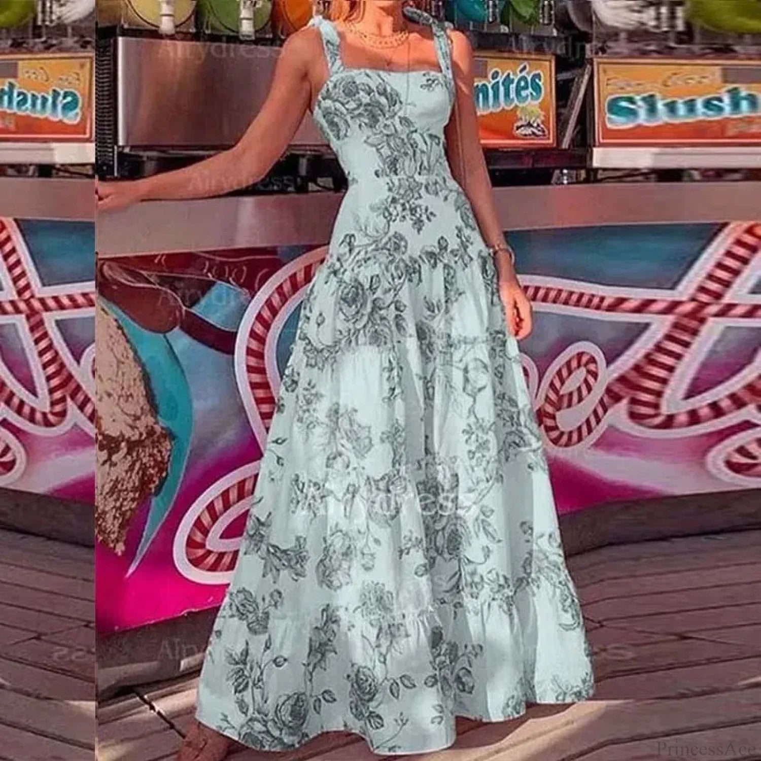 Floral Spaghetti Strap High Waist Maxi Dress