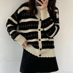 Floral Striped Textured Button Front Cardigan