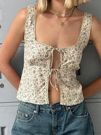 Floral Tie-up Camisole Slim Fit Sleeveless Crop Cardigan