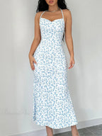 Floral Tied Backless Halter Split Floral Dress
