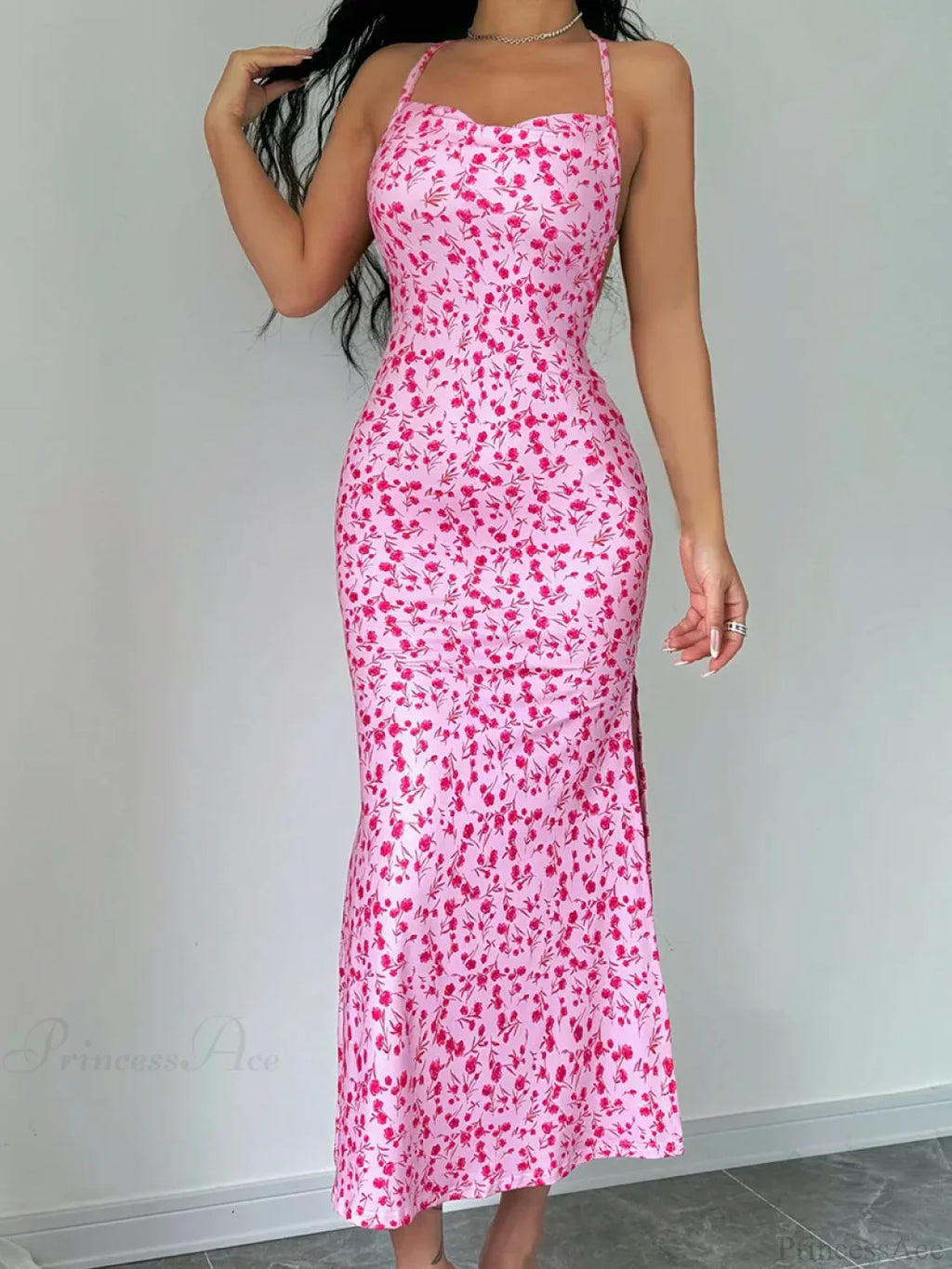 Floral Tied Backless Halter Split Floral Dress