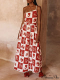 Floral Trim Unique Printed Graceful One Shoulder Flared Maxi Dress