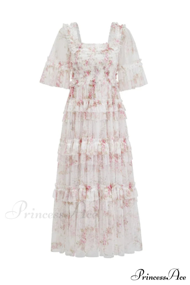 Floral Tulle Ruffle Charming Layered Maxi Dress