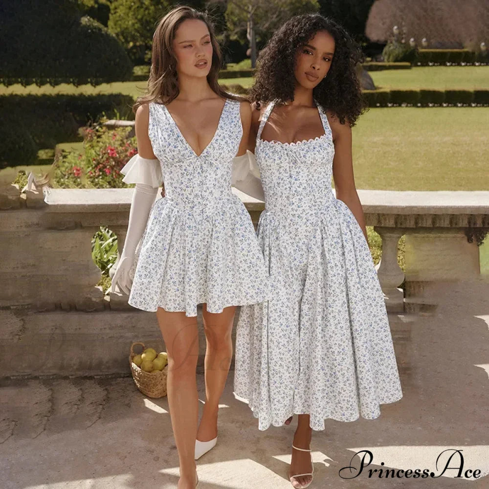 Floral V-neck Stylish Flare Mini Dress