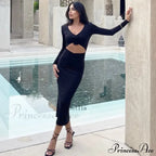 Florale Cut Out Long for Women Long Sleeve Sexy Sexy Midi Dress