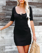 Flow Cotton Ribbed Knit Henley Dress Black
