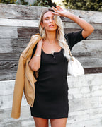 Flow Cotton Ribbed Knit Henley Dress Black