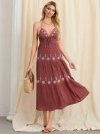 Flower Embroidery Tie-Up Halter Boho Backless A-Line Beach Dress