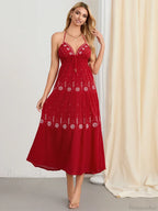 Flower Embroidery Tie-Up Halter Boho Backless A-Line Beach Dress