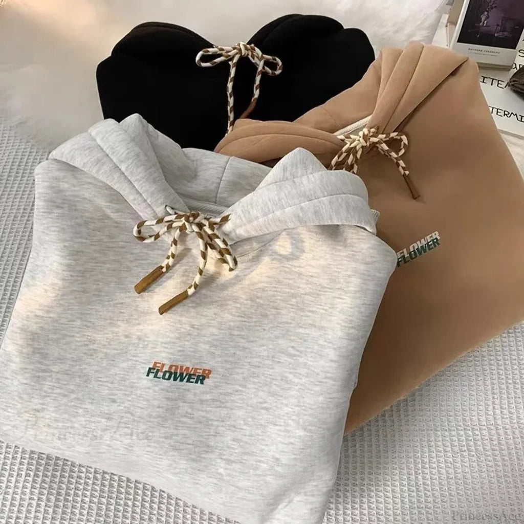 FLOWER Letter Print Y2K Fleece Hoodie