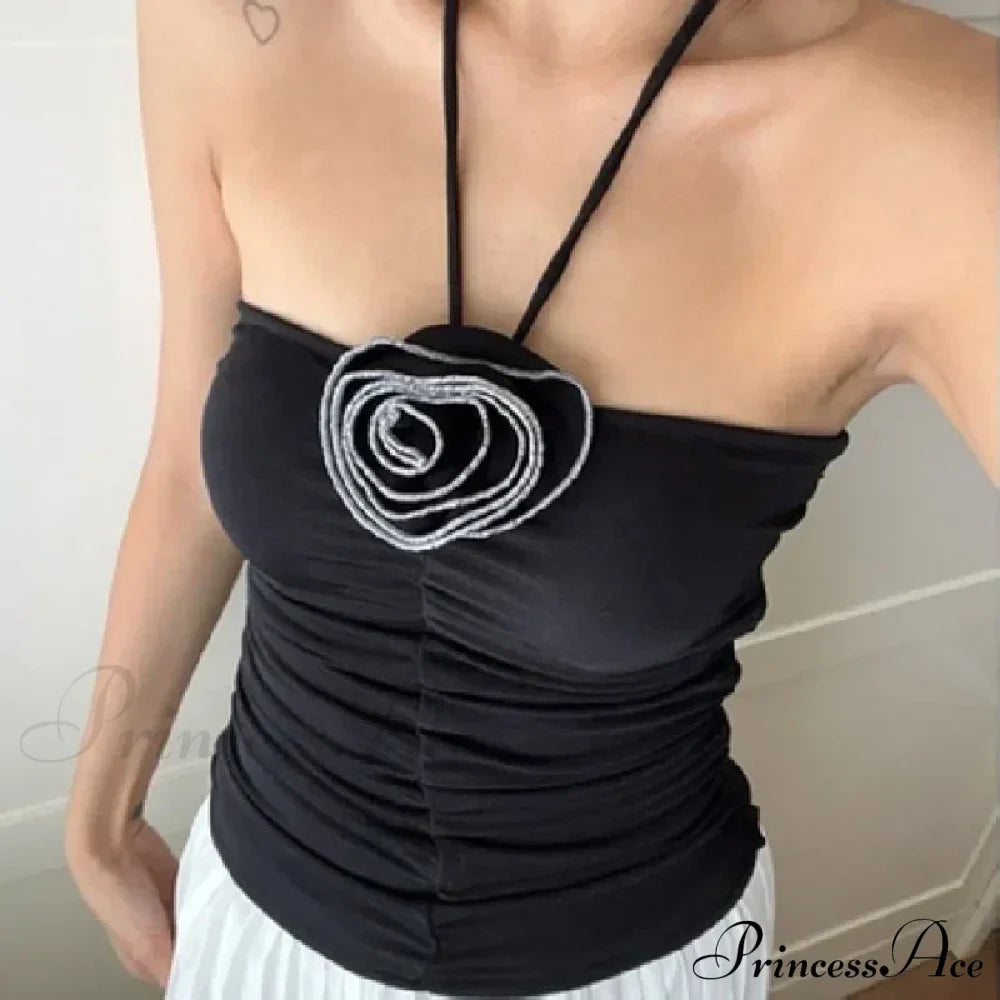 Flower Patchwork halter Tubes Off Shoulder Backless Tank Sexy Women Off Shoulder Ruched Black Mini Vests Tank top