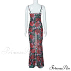 Flower Print Mesh Charming Slip Maxi Dress