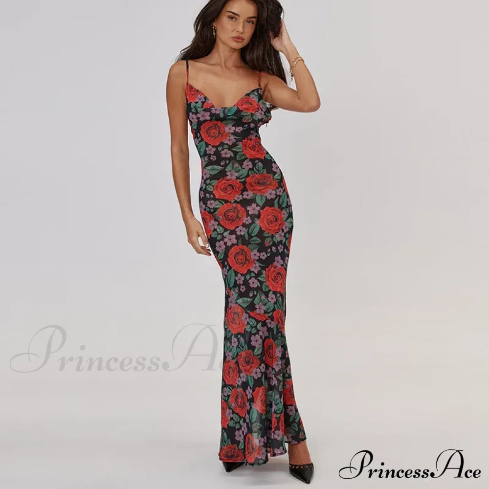 Flower Print Mesh Charming Slip Maxi Dress