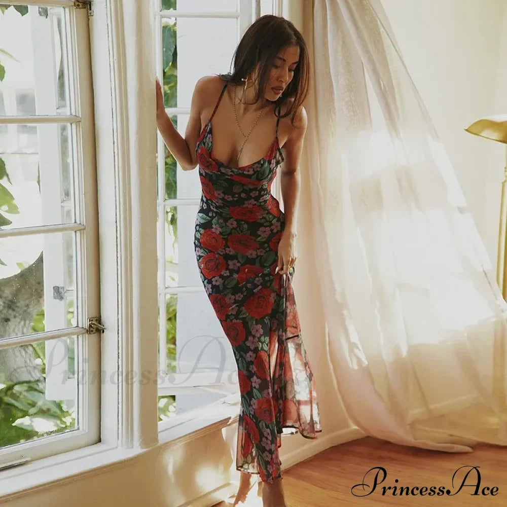 Flower Print Mesh Charming Slip Maxi Dress