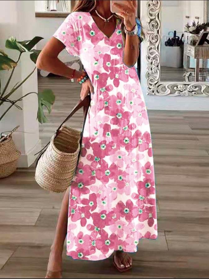 Flower Print V Neck Short Sleeve Split Dress