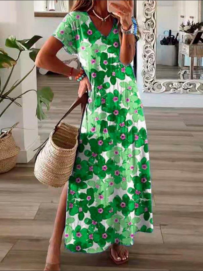 Flower Print V Neck Short Sleeve Split Dress
