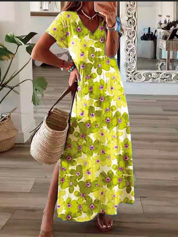 Flower Print V Neck Short Sleeve Split Dress