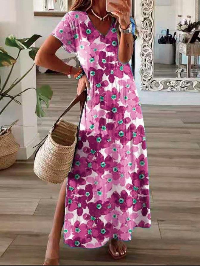Flower Print V Neck Short Sleeve Split Dress
