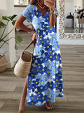 Flower Print V Neck Short Sleeve Split Dress