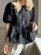 Flower Ruched Front Tie-Up Blouse