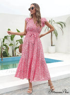 Flowered Brief Arm Chiffon V-Neck Patterned Dress
