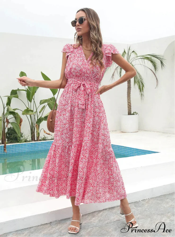 Flowered Brief Arm Chiffon V-Neck Patterned Dress