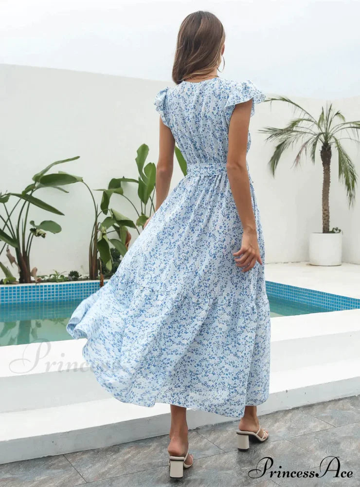 Flowered Brief Arm Chiffon V-Neck Patterned Dress