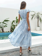 Flowered Brief Arm Chiffon V-Neck Patterned Dress