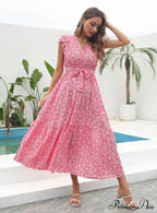 Flowered Brief Arm Chiffon V-Neck Patterned Dress