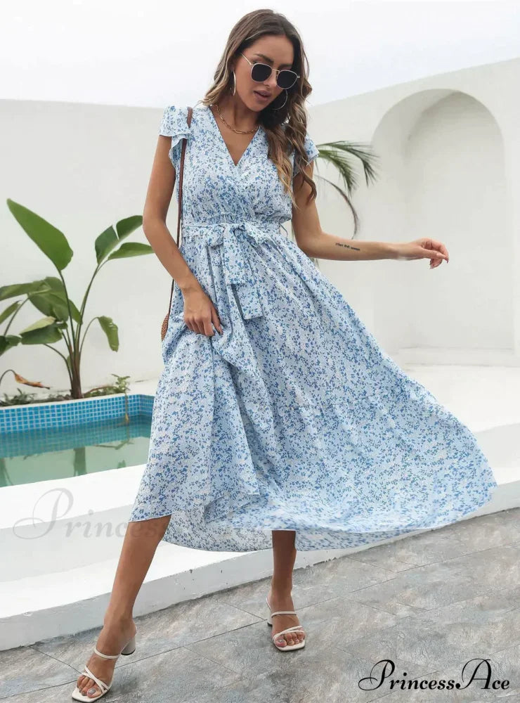 Flowered Brief Arm Chiffon V-Neck Patterned Dress