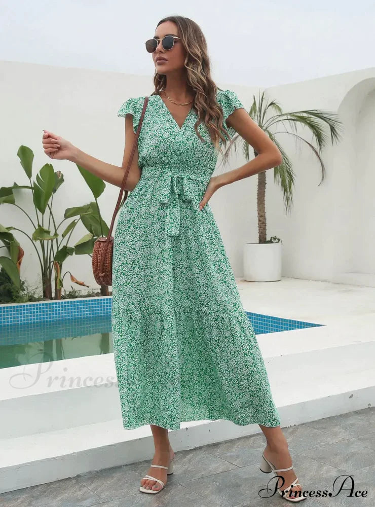 Flowered Brief Arm Chiffon V-Neck Patterned Dress