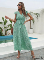 Flowered Brief Arm Chiffon V-Neck Patterned Dress