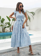 Flowered Brief Arm Chiffon V-Neck Patterned Dress