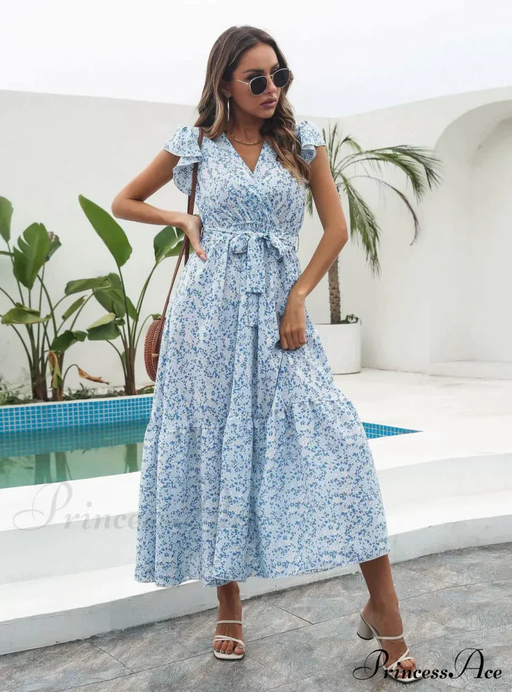 Flowered Brief Arm Chiffon V-Neck Patterned Dress