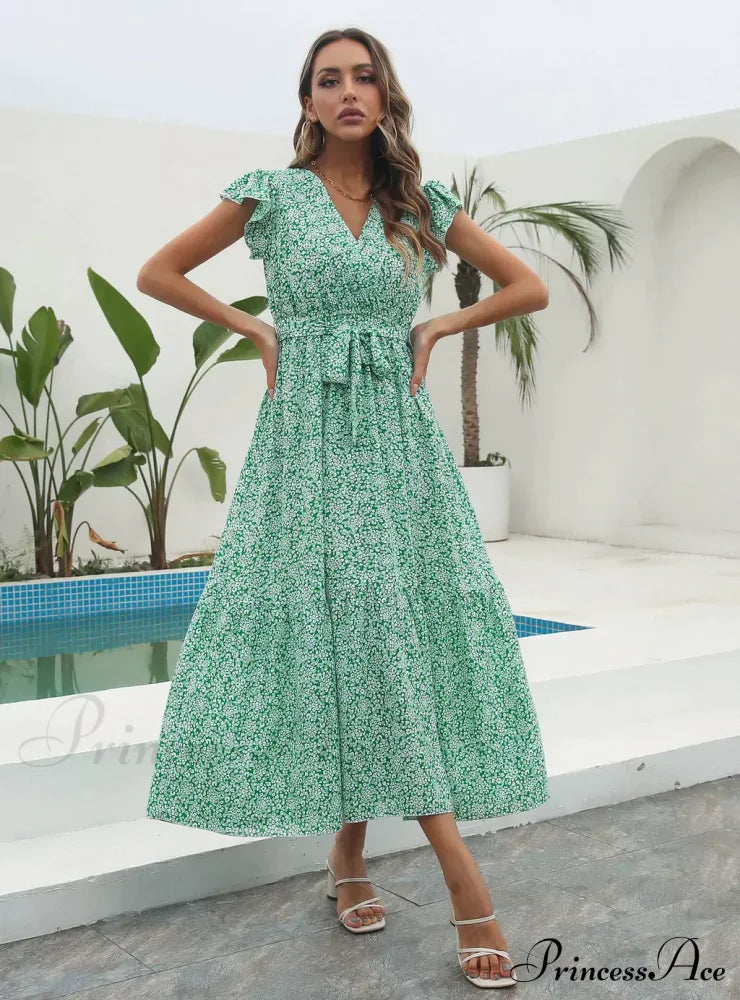 Flowered Brief Arm Chiffon V-Neck Patterned Dress