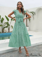Flowered Brief Arm Chiffon V-Neck Patterned Dress