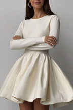 Flowy French Style Crew Neck Long Sleeve Fit and Flare Sweater Mini Dress - White