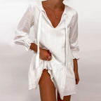 Flowy Textured Tie Front Ruffle Long Sleeve Babydoll Mini Dress - White