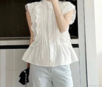 Flying Sleeve Ruffled Lace Button Vintage Blouse