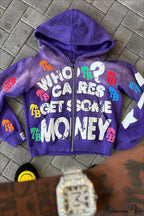 Foam Letter Print Hip-Hop Zip Hoodie
