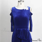 for - Mermaid - Full-Length Ruffle Formal Velvet Evening Vintage Party Long Women Gown Peplum with Gown Blue Dress