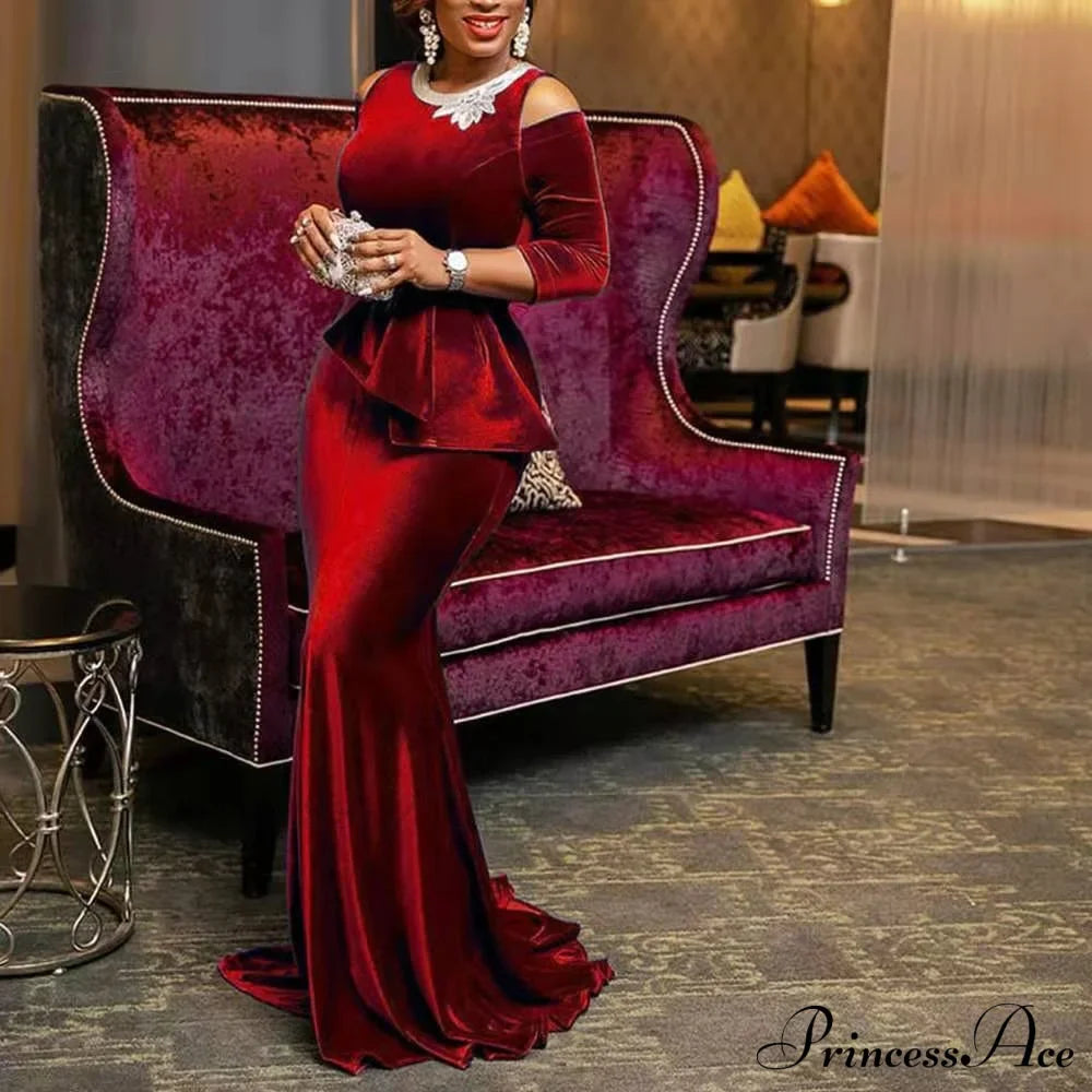 for - Mermaid - Full-Length Ruffle Formal Velvet Evening Vintage Party Long Women Gown Peplum with Gown Blue Dress